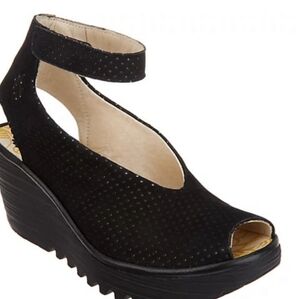 Fly London Black Peep-Toe Wedges